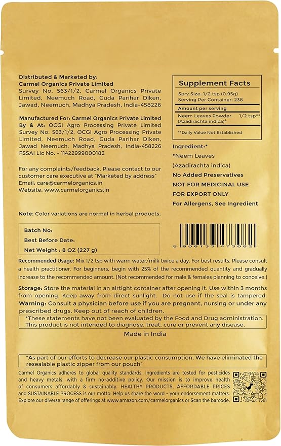 CARMEL ORGANICS Neem Leaves Powder | 8 Oz or 227 Grams | Natural | Non GMO | No Added Preservatives or Additives | Azadirachta Indica Powder