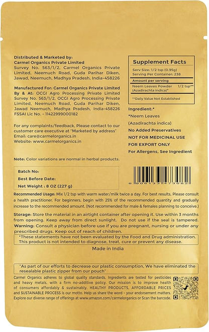 CARMEL ORGANICS Neem Leaves Powder | 8 Oz or 227 Grams | Natural | Non GMO | No Added Preservatives or Additives | Azadirachta Indica Powder