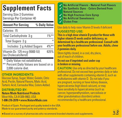 Nature Made Extra Strength Vitamin D3 5000 IU (125 mcg) per serving, Dietary Supplement for Bone, Teeth, Muscle and Immune Health Support, 80 Gummies, 40 Day Supply