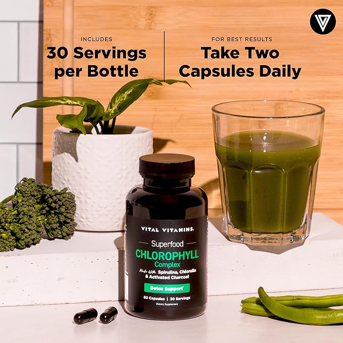 Vital Vitamins Chlorophyll Pills - Body Deodorizing Supplement - Made with Spirulina, Chlorella, Organic Parsley, Mint, & Activated Charcoal - Defeat Odor Naturally - for Women & Men - 60 Capsules