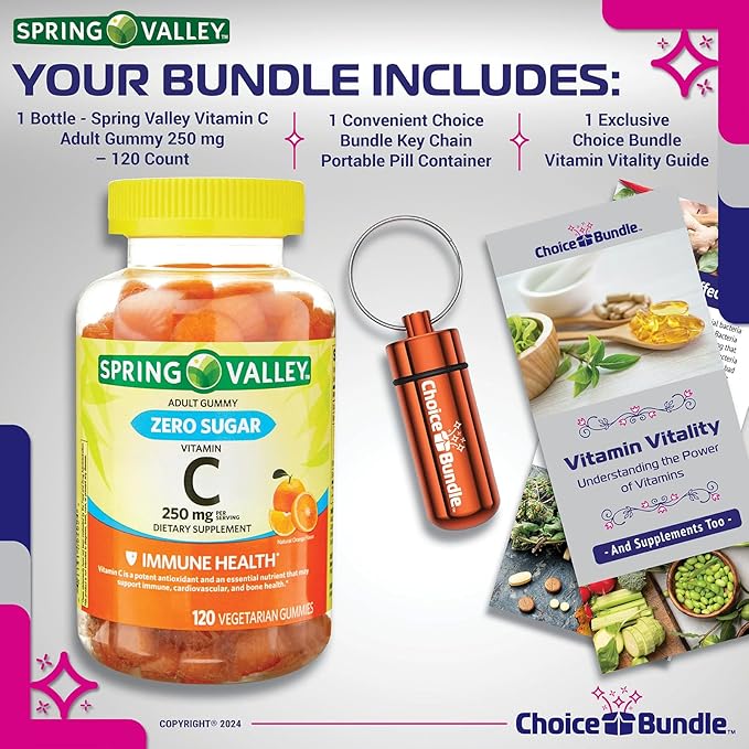 Spring Valley Zero Sugar Vitamin C Gummies Dietary Supplement 250 mg 120 Ct Plus Vitamin Guide & Pill Container (3 Items)!