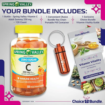 Spring Valley Zero Sugar Vitamin C Gummies Dietary Supplement 250 mg 120 Ct Plus Vitamin Guide & Pill Container (3 Items)!