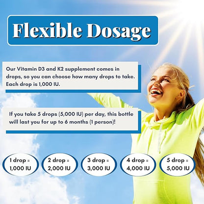 Liquid Vitamin D3 K2 Drops 5000 IU - Vegan, No Taste, No Odor, Soy-Free, Gluten Free, Non-GMO, 1000 IU per Drop, Boosts Energy Levels & Immune System, Supports Heart Health (5 Pack)