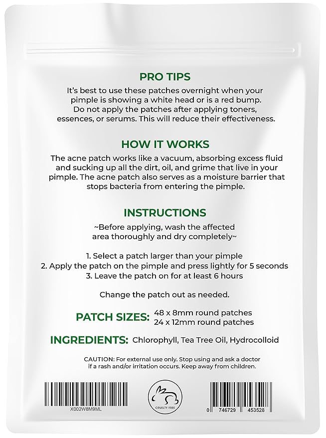 NEW- Chlorophyll, Tea Tree Oil and Hydrocolloid Acne 72 Patches by Medical Miracles. Face Healing Patch Treatment for Absorbing Zits, Pimples, Cystic Spots, Blemishes