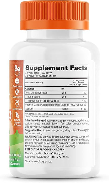Doctor's Best Doc's Kids Children's Vitamin D3 Gummies 1000iu, Supports Healthy Bones & Teeth, Immune Health, Calcium Absorption, 60 Count