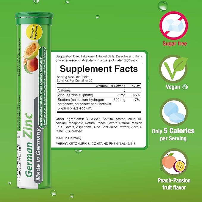 German Zinc 140 Drink Effervescent Tablets - Peach and Passion Fruit Flavour - 5 mg Zinc, Sugarfree, Vegan - T&D Pharma – Made in Germany