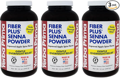 Yerba Prima Fiber Plus Senna Powder, 12 Ounce (Pack of 3) - for Short-Term Use to Restore Regularity, Improved Apple Spice Flavor, Stevia Sweetened, Provides Gentle Overnight Relief, Non-GMO