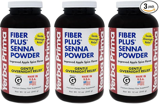 Yerba Prima Fiber Plus Senna Powder, 12 Ounce (Pack of 3) - for Short-Term Use to Restore Regularity, Improved Apple Spice Flavor, Stevia Sweetened, Provides Gentle Overnight Relief, Non-GMO