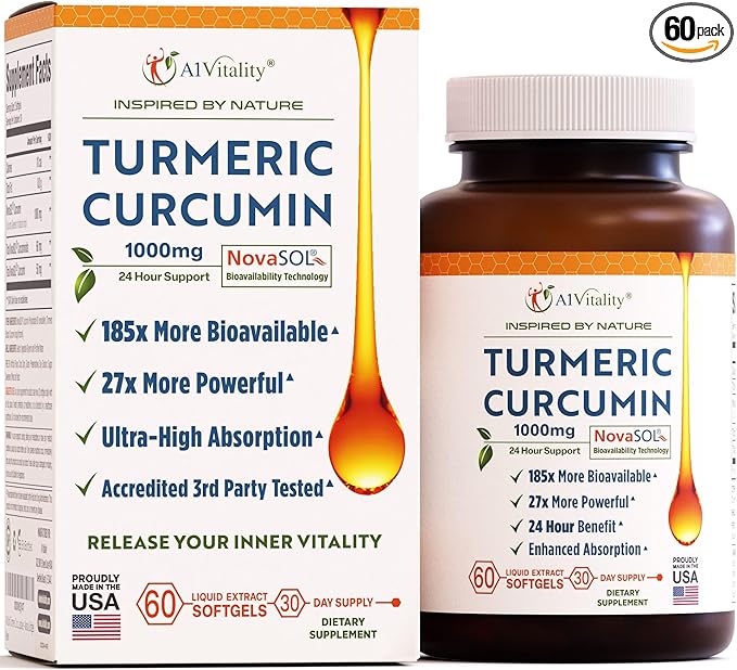 Turmeric Curcumin NovaSOL 1000mg - Nature's Joint Support Supplements - 185x Bioavailable Than Standard Curcumin - Natural Softgels