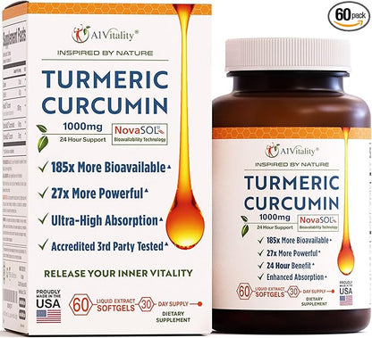 Turmeric Curcumin NovaSOL 1000mg - Nature's Joint Support Supplements - 185x Bioavailable Than Standard Curcumin - Natural Softgels