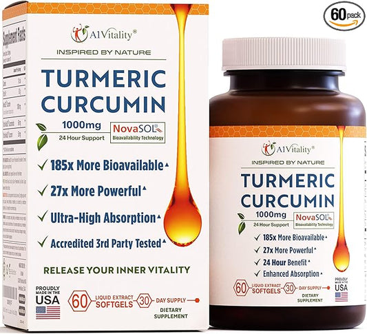 Turmeric Curcumin NovaSOL 1000mg - Nature's Joint Support Supplements - 185x Bioavailable Than Standard Curcumin - Natural Softgels