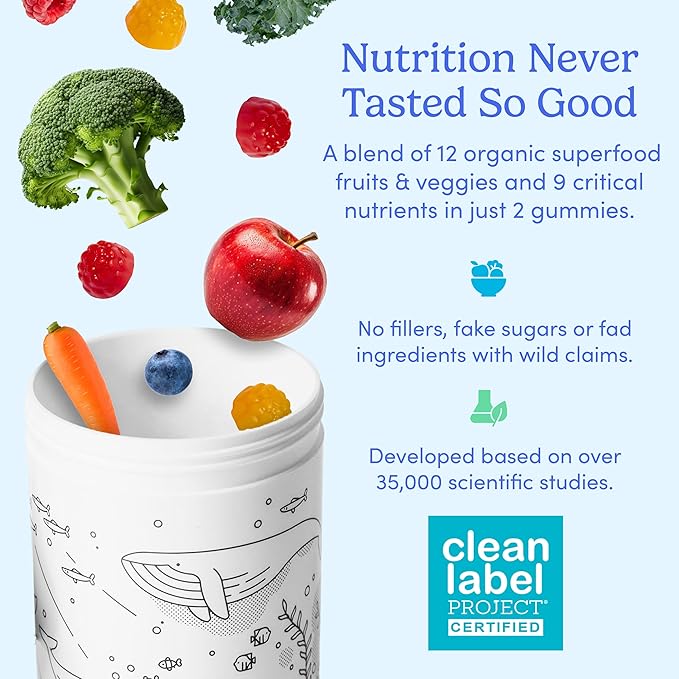 FIRST DAY Kids Essential Multivitamin Gummies, Vitamin A, D3, B6, B12, C, K2 & More + Organic Fruits & Veggies for Growth, Brain, Immunity. Natural Strawberry & Orange Flavor, Low Sugar. 90-Day Supply