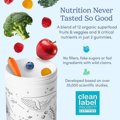 FIRST DAY Kids Essential Multivitamin Gummies, Vitamin A, D3, B6, B12, C, K2 & More + Organic Fruits & Veggies for Growth, Brain, Immunity. Natural Strawberry & Orange Flavor, Low Sugar. 90-Day Supply