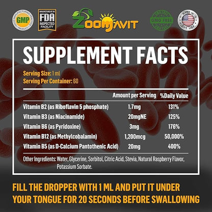 Vitamin B Complex Liquid Drops with Fast Absorption - Super B Liquid Complex Vitamins B2, B3, B5, B6 & B12 - Natural Energy Boost, Mental Focus & Healthy Immune System
