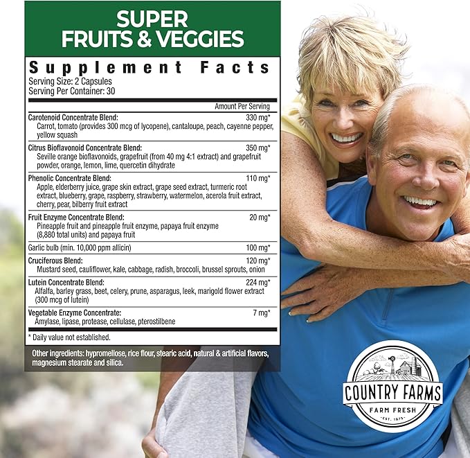 COUNTRY FARMS Super Fruits and Veggies Capsules, Whole Food Supplement, Powerful Antioxidant, Supports Energy, Immune Health, Boosts Digestive Health, 30 Organic Super Foods, 60 Servings, 2 Pack