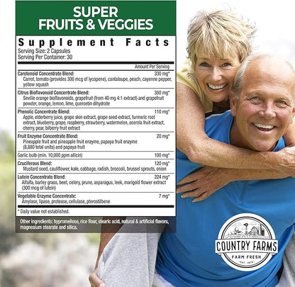 COUNTRY FARMS Super Fruits and Veggies Capsules, Whole Food Supplement, Powerful Antioxidant, Supports Energy, Immune Health, Boosts Digestive Health, 30 Organic Super Foods, 60 Servings, 2 Pack