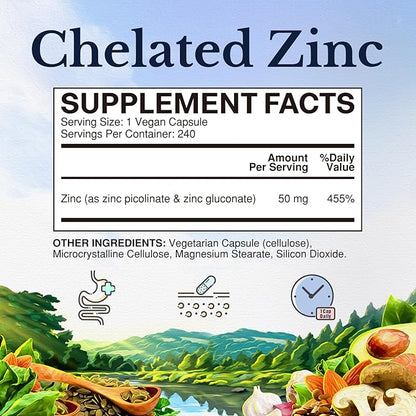 Vitalitown Zinc 50 mg, Zinc Picolinate, Zinc Gluconate, 240 Veggie Capsules, No Zinc Oxide, Well-Absorbed, Chelated Zinc Supplement, Immune System, Healthy Skin & Development, Vegan, Non-GMO