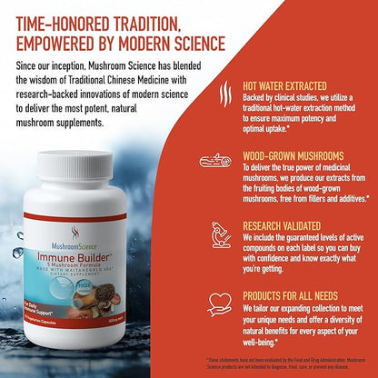MushroomScience Immune Builder Mushroom Capsules, Full Spectrum Extract with MaitakeGold, Reishi & Shiitake, Mushroom Supplement for Adults, Hot Water Extracted Mushrooms, Vegetarian, 400MG, 90 CT