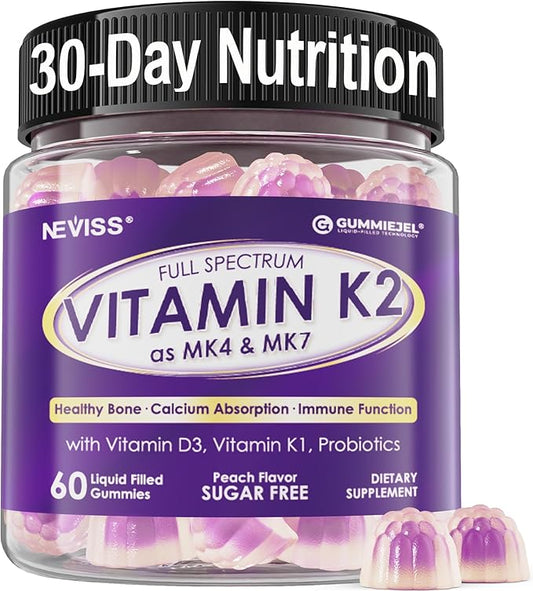 NEVISS Sugar-Free Full Spectrum Vitamin K2 Gummies (MK-4 500mcg & MK-7 100mcg) + K1, D3 for Women & Men - 60 Gummies