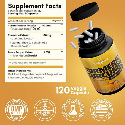 Turmeric Curcumin with Black Pepper – Non-GMO, Organic Turmeric Supplement for Joint Support & Inflammation, Zealthy Life, 60-Day Supply, 120 Capsules