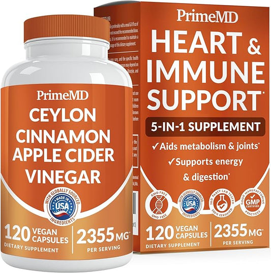 5-in-1 Ceylon Cinnamon Capsules 2355mg - Ceylon Cinnamon and Apple Cider Vinegar with Turmeric, Panax Ginseng, Cinnamon, and Bioperine, 120 ct