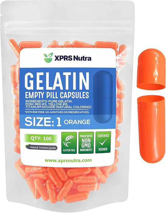 XPRS Nutra Size 1 Empty Capsules - 100 Count Empty Gelatin Capsules - Pill DIY Capsule Filling - Pure Bovine Pill Gel Caps for Do-It-Yourself Supplements (Orange)