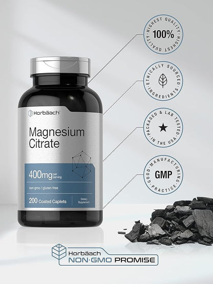 Horbäach Magnesium Citrate | 400mg | 200 Caplets | Vegetarian, Non-GMO, and Gluten Free Supplement