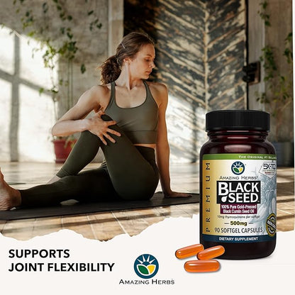 Amazing Herbs Premium Black Seed Oil Capsules - Cold Pressed Nigella Sativa Aids in Digestive Health, Immune Support, Brain Function, Gluten Free, Non GMO - 90 Count, 500mg