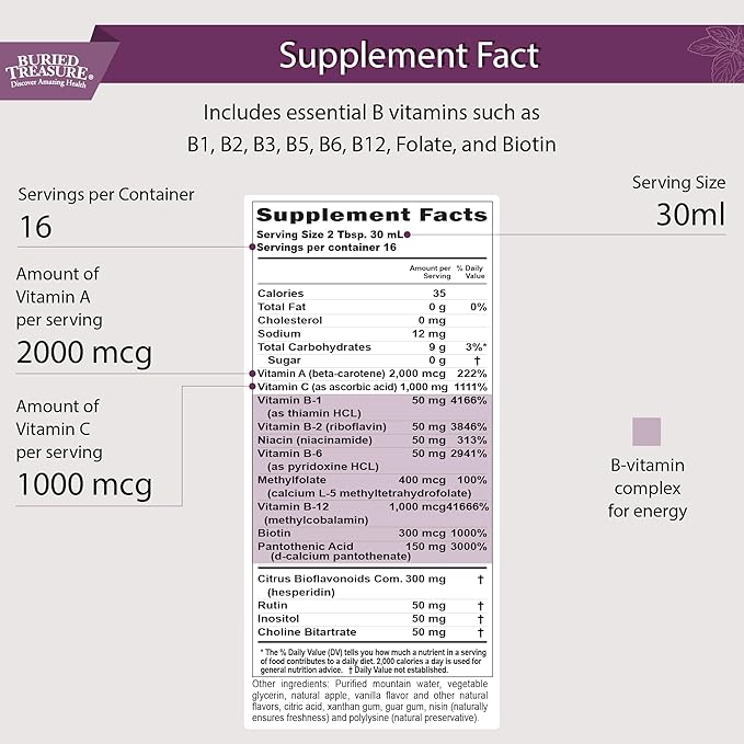 Buried Treasure B Complete High Potency All B Vitamins Liquid Supplement for Stress, Energy and Healthy Immune Support Vegan Non-GMO, 16 oz w/ Dose Cup