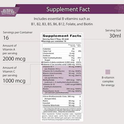 Buried Treasure B Complete High Potency All B Vitamins Liquid Supplement for Stress, Energy and Healthy Immune Support Vegan Non-GMO, 16 oz w/ Dose Cup