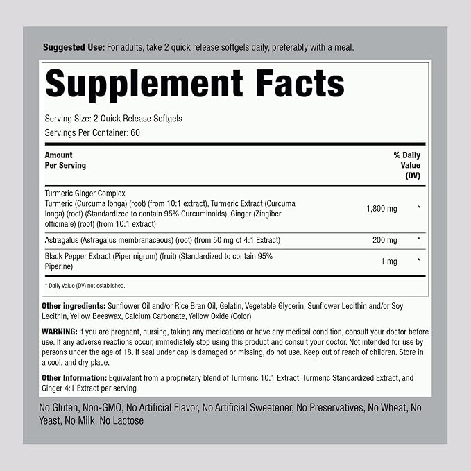 Piping Rock Turmeric and Ginger Supplement 1800mg | 120 Softgels | with Black Pepper Extract | Herbal Extract Complex | Non-GMO, Gluten Free
