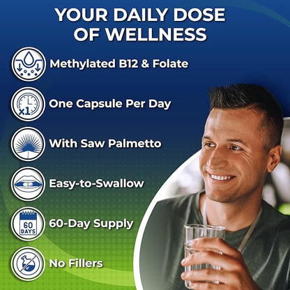 Men's Daily Multivitamin – Vegan Methylated Multivitamin for Men with Saw Palmetto, Biotin, Organic Superfoods, Probiotics & Enzymes – Energy, Gut & Optimal Health Support – Easy to Swallow Capsules