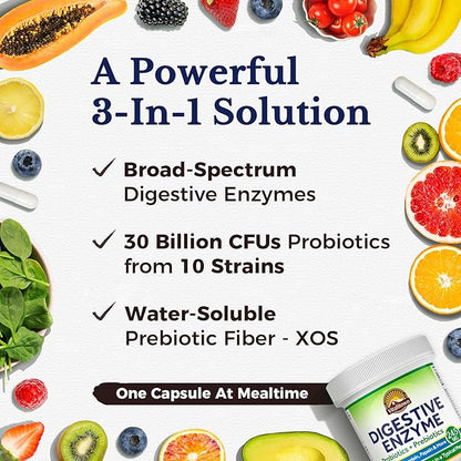 Vitalitown Digestive Enzyme | 3-in-1 Formula | Probiotics + Prebiotics | 60 Veg Caps | 245 mg | Seven Key Enzymes | Bromelain, Lactase | for Digestion | Vegan, Non-GMO
