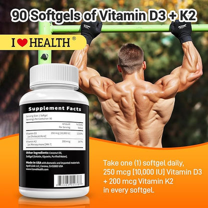 I LOVE HEALTH® Triple Strength Vitamin D3 10,000 IU with K2 (MK-7) Supplement - 90 Softgels - Non-GMO - Gluten-Free - Support Heart & Immune, Bone & Teeth Health - Enhanced Absorption - Made in USA