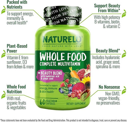 NATURELO Whole Food Multivitamin with Extra Hair, Skin & Nails Support - Beauty Blend with Hyaluronic Acid & Grape Seed - High Potency Biotin, Vitamin C, & Glutathione, 60 Vegan Capsules (Pack of 2)