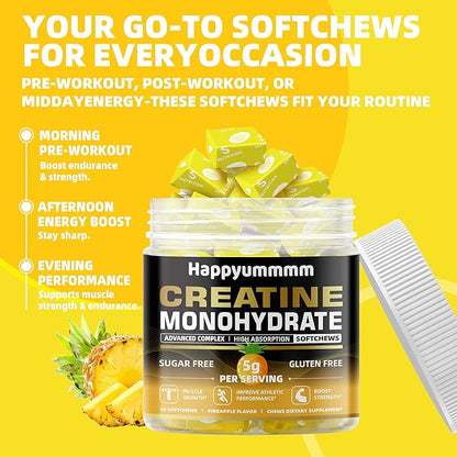 Creatine Monohydrate Soft Chews 5g for Men & Women, Preworkout Gummy with Electrolyte for Muscle Growth, Strength & Energy Support, Pineapple 60 pcs