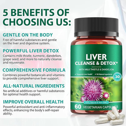 Liver Cleanse Detox and Repair- High Strength Herbal Liver Support Supplement with Milk Thistle Dandelion Root & Vitamins,Ginger and More,60 Vegetarian Capsules for Liver Health