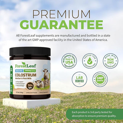 ForestLeaf Colostrum Powder 50% IgG Highest Pure Concentration, Grass Fed Colostrum Supplement for Gut Health, Immune Support and Muscle Recovery, Bovine Colostrum for Humans, Unflavored, 45 Servings