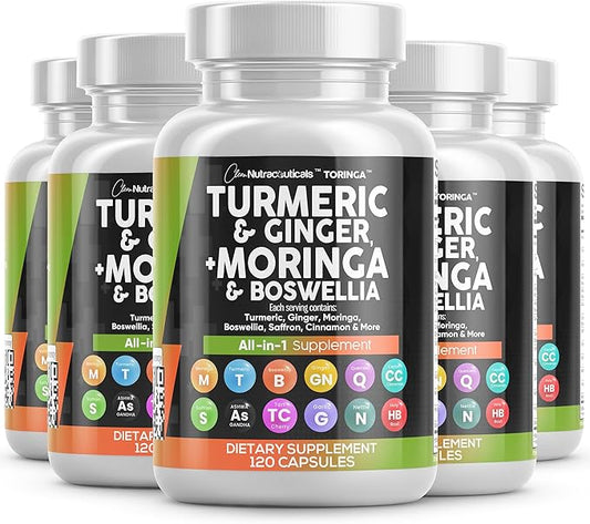 Turmeric Moringa Supplement | Ginger Boswellia Saffron - Supplement for Women and Men with Ceylon Cinnamon, Tart Cherry, Quercetin Garlic Nettle Holy Basil - 5Pack