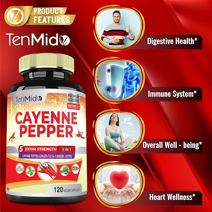 Cayenne Pepper Supplements Extract Capsules, 4 Months Supply with Ginger, Turmeric Curcumin, Tulsi, Black Pepper - Supports Immune System, Promotes Digestive System Function - 120 Vegan Capsules
