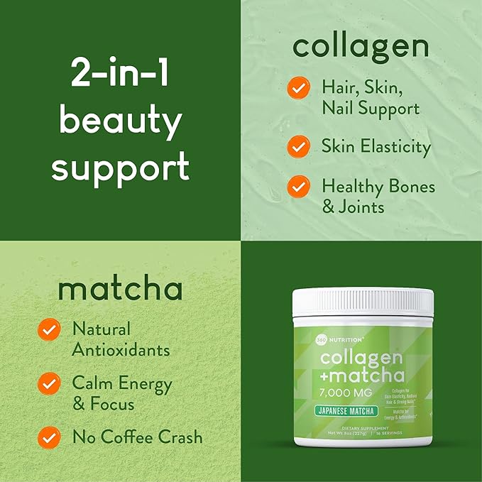 360 Nutrition Matcha Hydrolyzed Collagen Peptides Powder, Japanese Matcha Green Tea for Gut Health, Joint Support, Energy, Hair Skin & Nails, Gluten Free, Keto Friendly, Paleo, Non GMO (8oz (1 Count))
