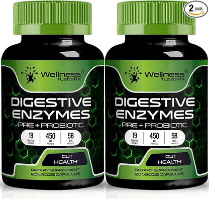 Digestive Enzymes with Probiotics and Prebiotics, 450mg, 5 Billion CFUs - Pure Super Digestion Capsules - Digestive Enzymes for Women & Men Support Digestion & Gut Health - 120 Count (Pack of 2)