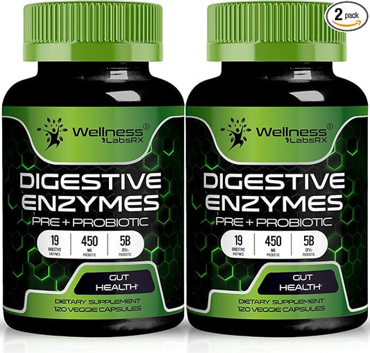 Digestive Enzymes with Probiotics and Prebiotics, 450mg, 5 Billion CFUs - Pure Super Digestion Capsules - Digestive Enzymes for Women & Men Support Digestion & Gut Health - 120 Count (Pack of 2)
