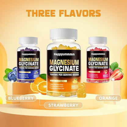 Magnesium Glycinate Gummies 1000mg - Sugar Free Magnesium Potassium Supplement with Vitamin D, B6, CoQ10 for Calm Mood & Sleep Support - 120 Orange Gummies.