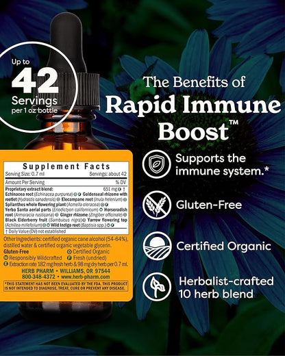 Herb Pharm Organic Rapid Immune Boost: Fast-Absorbing Tincture for Adults, Echinacea Tincture with Goldenseal, Ginger Extract & Elderberry, Immune Support Supplement & Wellness Aid, 1 Oz