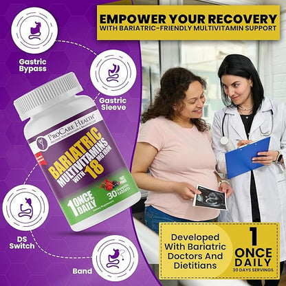 ProCare Health Bariatric chewable Multivitamin with Iron 18mg (30 Tablets) - Fruit Punch Flavor Bariatric Multivitamin Chewable for Gastric Bypass & Sleeve Gastrectomy Patients* (1 Month Supply)