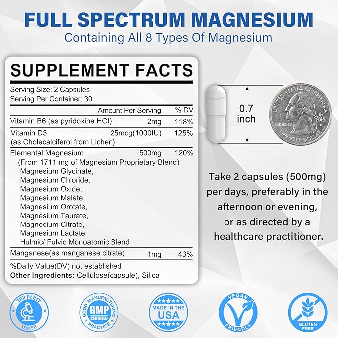Magnesium Complex Supplement 500mg, 8 Active Forms Maximized Absorption– Glycinate, Citrate, Taurate & D3, B6 for Calm, Sleep & Healthy Muscle, 120 Capsules - 60 Count (Pack of 2)