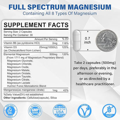 Magnesium Complex Supplement 500mg, 8 Active Forms Maximized Absorption– Glycinate, Citrate, Taurate & D3, B6 for Calm, Sleep & Healthy Muscle, 120 Capsules - 60 Count (Pack of 2)