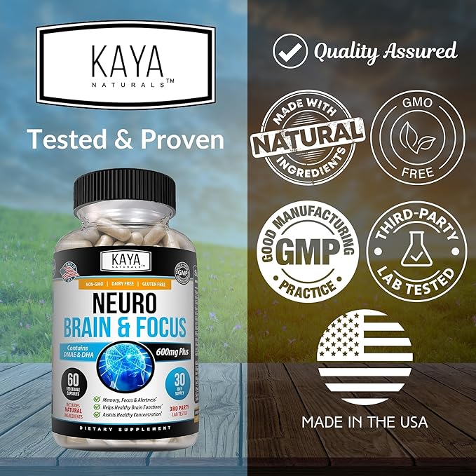 Kaya Naturals - Neuro Brain for Memory & Focus - Nootropic Energy Capsule - Nootropic Brain Support Supplement - Focus & Concentration & Learning Accuracy - Cognitive Function - 60 Count