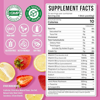 Venture Pal Magnesium Glycinate Powdered Drink Mix with Ashwagandha, Vitamin D, L-Theanine, Lions Mane, Sugar Free Magnesium Supplement Blend for Calm, Relax & Focus, Non GMO, Vegan, 16 Sticks